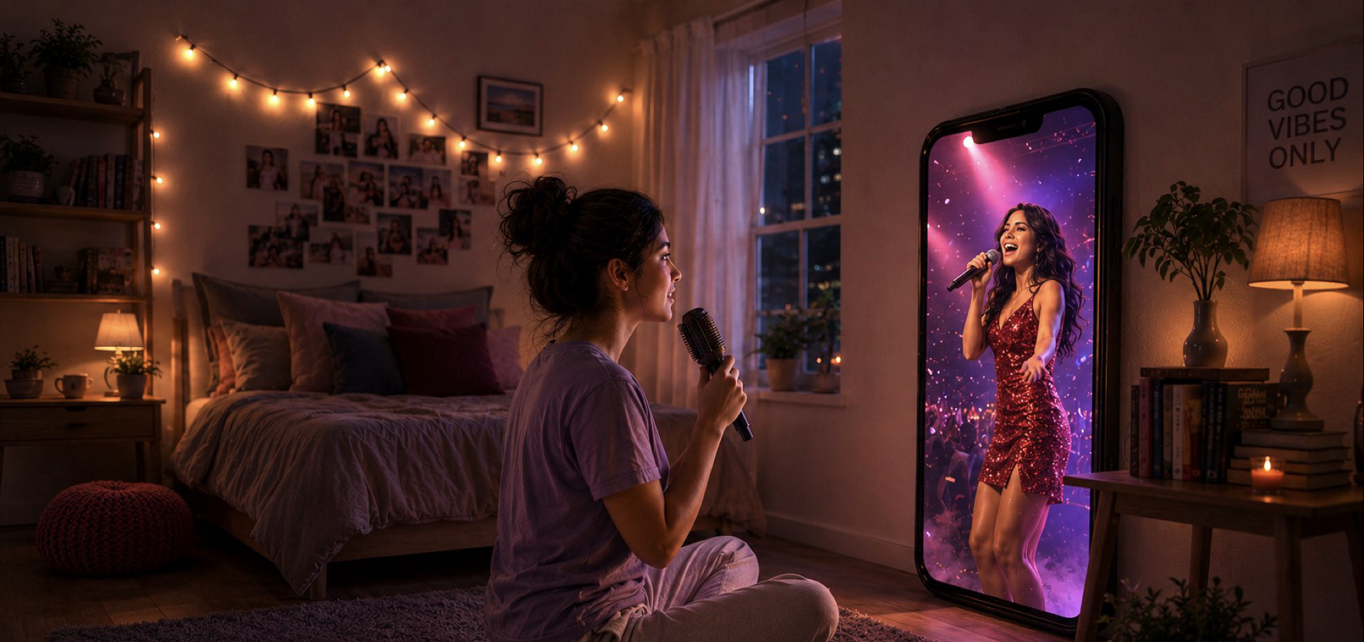 A creator sings in her bedroom while the phone beside her shows her transformed into a star performing on a glittering stage — when words are not enough, mixxi it.